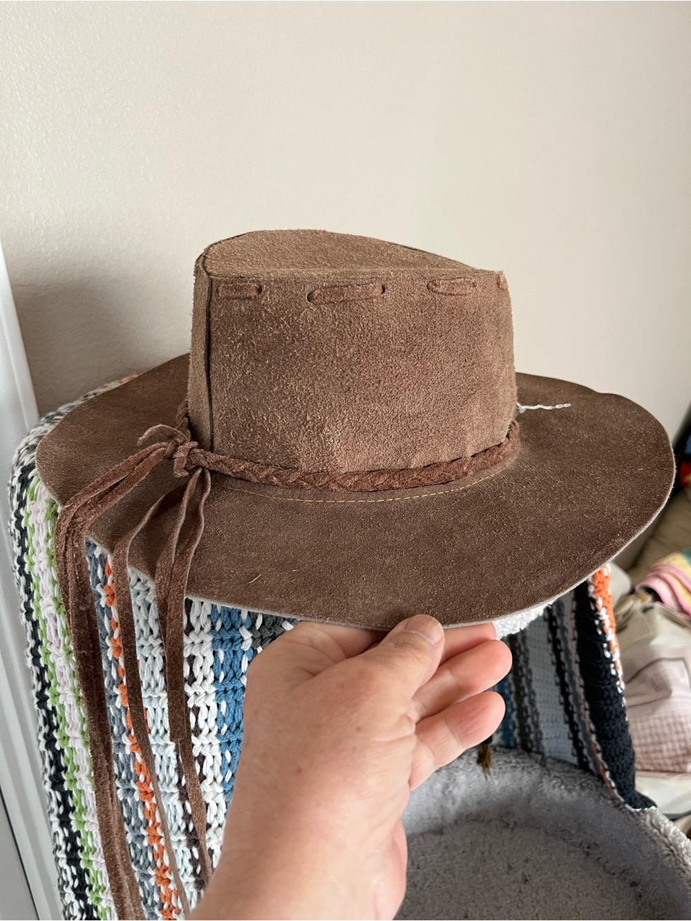 Brown Suede Western Hat with Braided Band, 7” x 8.5” interior